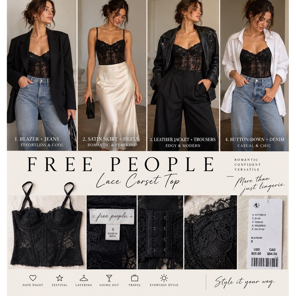 Free People Out From Under Black Lace Corset Bustier Top S NWT Underwire Tank